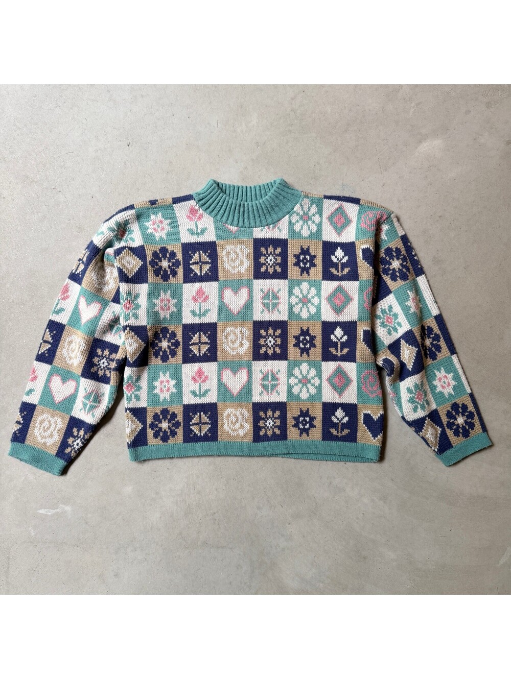 Vintage Patchwork Knit Sweater, Geometric Floral Pattern by Private Eyes 80s 90s